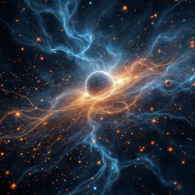 The primary subject of the image is a large, brightly lit, and colorful celestial object, possibly a nebula or a planet, set against a dark and starry background. The visual style of the image is a combination of photo and digital art, creating a vibrant and dynamic scene. The colors and mood of the image are predominantly blue and orange, with the blue hues representing the vastness of space and the orange hues adding warmth and intensity to the scene.